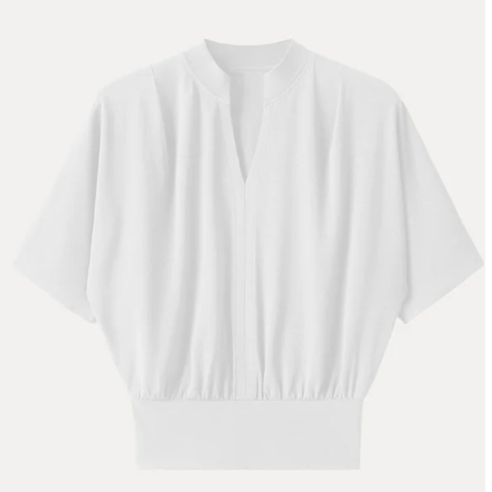 OGL Stand Collar V-Neck Short Sleeve White Top Women's Size Medium NEW